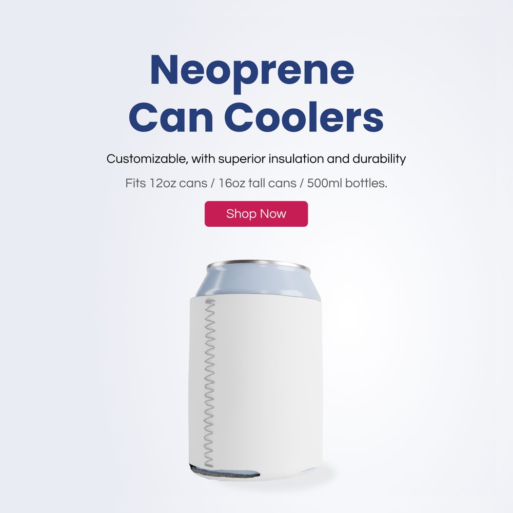 PartyPrints neoprene can coolers — superior insulation and durability.