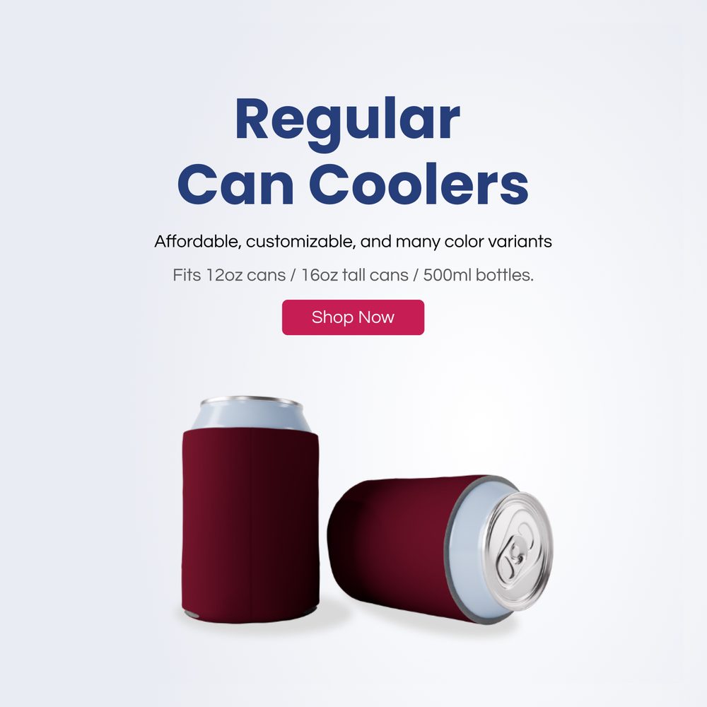 PartyPrints regular can coolers — fits 12oz cans, 16oz tall cans, 500ml bottles.