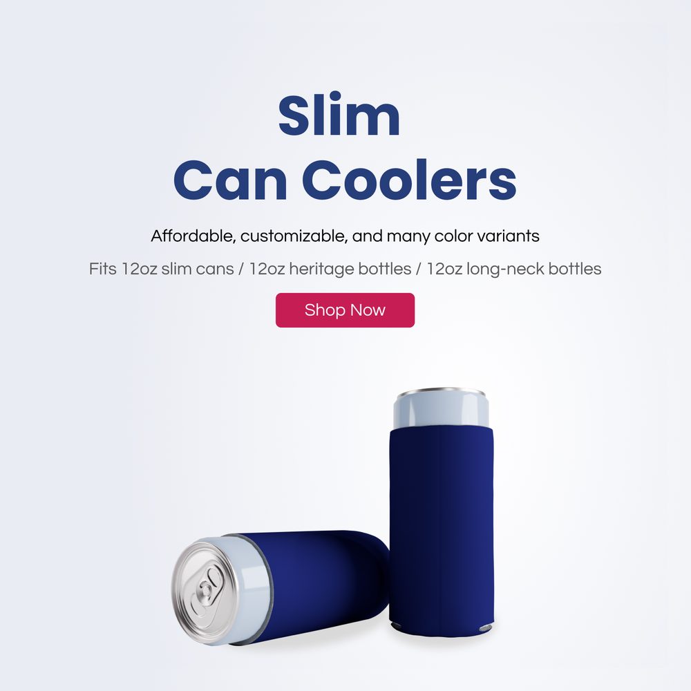 PartyPrints slim can coolers — fits 12oz slim cans and bottles.
