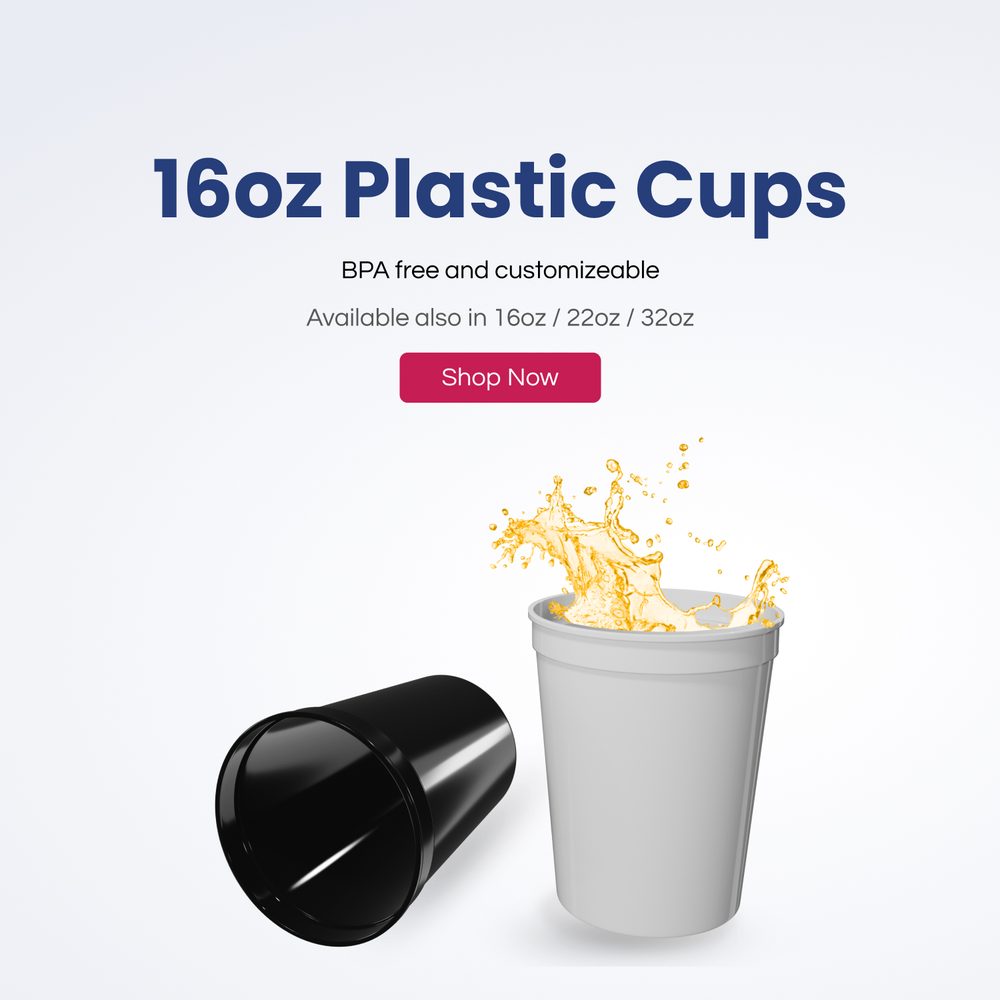PartyPrints plastic cups — BPA free and customizable, 16/22/32oz.